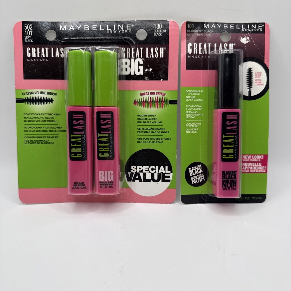 Maybelline Great Lash BIG Mascara Volumizing Blackest Black 3 Pk 502 130 100